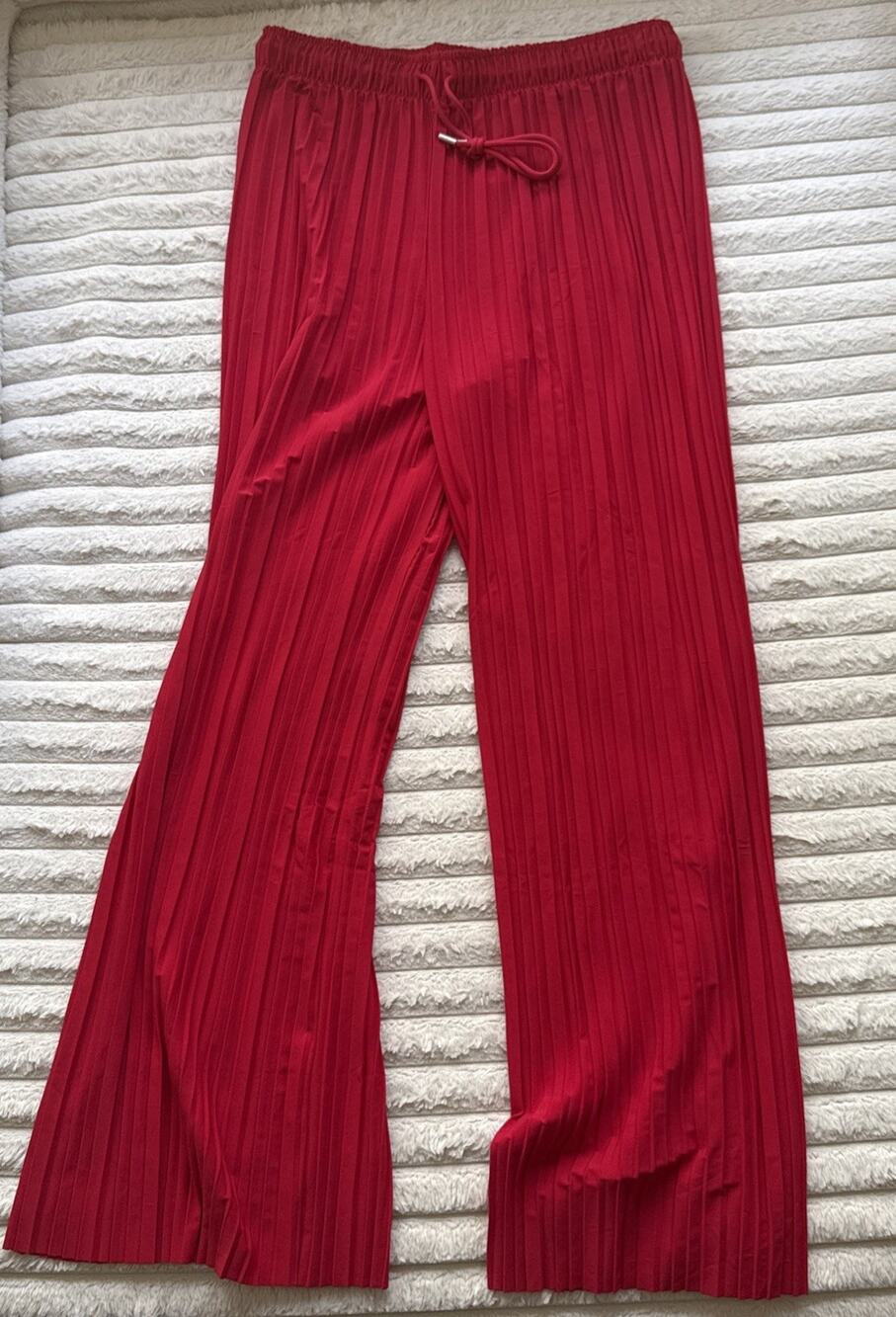 Womens Pants 2 Red Stretch Crinkle Wide leg Elastic Waist Drawstring Comfort